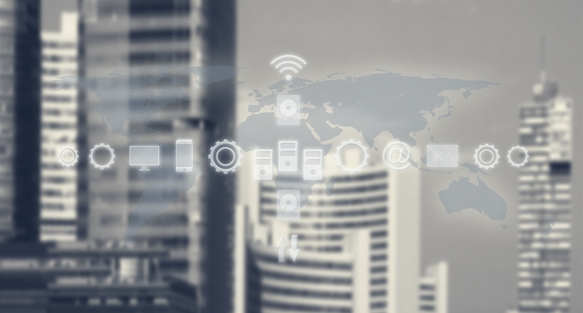 High Tech Global Business Model. Smart City And World Map With Services and Icons, Internet of Things, Networks, Communication